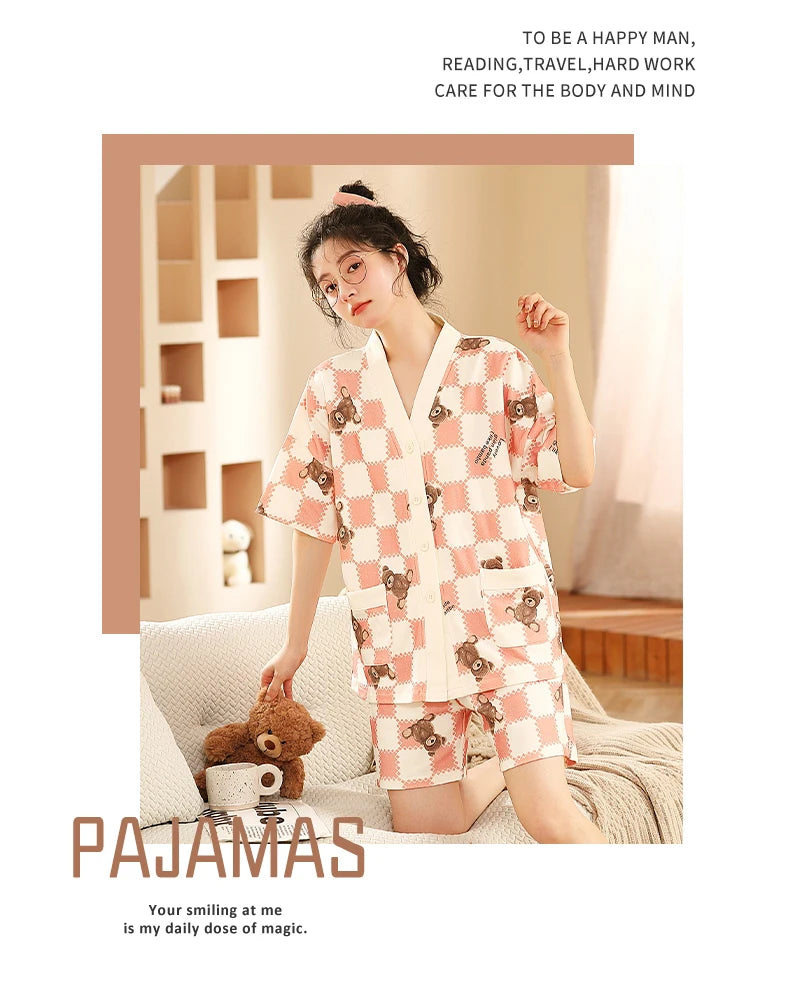 5XL Summer Plus Size Kimono Cardigan Women Pajama Knitted Cotton Nightwear Cute Printing Sleepwear Leisure Loungewear Casual Pjs