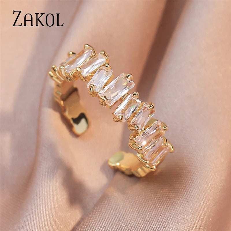 ZAKOL Korean Zircon Gold Color Open Rings for Women Rectangle Index Finger Ring Wedding Party Girl Sexy Jewelry