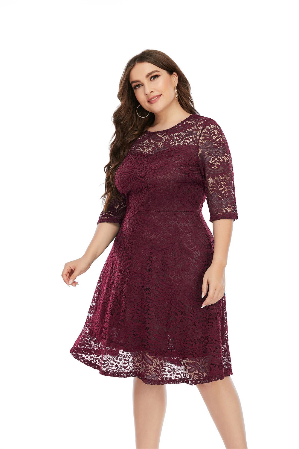 Plus Size Contrast Lace Semi Sheer 3/4 Sleeve Midi Dress, Women&