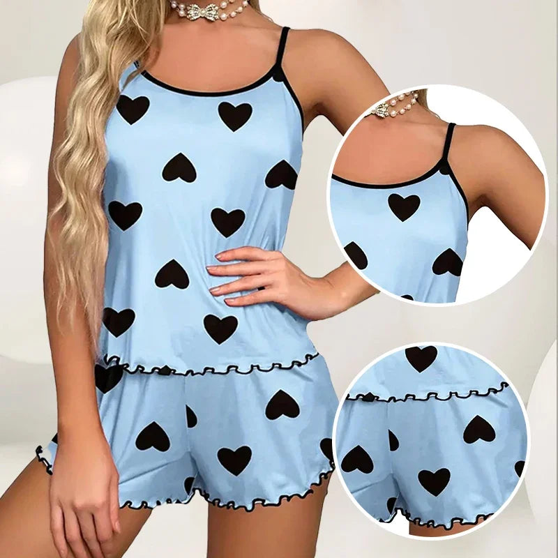 AOTVOTEE Elegant Sexy Casual Printed Shorts 2 Piece Set Nightgown Cosplay Sexy Pajama Summer Suspender Home Shorts Pajama Set