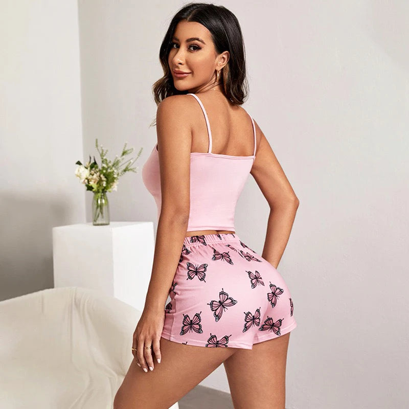 Sexy Summer Women Pajamas Set Printed Butterfly Sleepwear Home Clothes Tops And Shorts Cute Soft Sleeveless Nightwear For Female