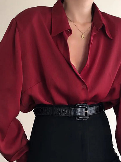 Women Button Blouses Turn Down Collar Shirts Office Lady Long Sleeve Casual Blouse Loose OL Shirt Baggy Tops Red/Wine Red /Black