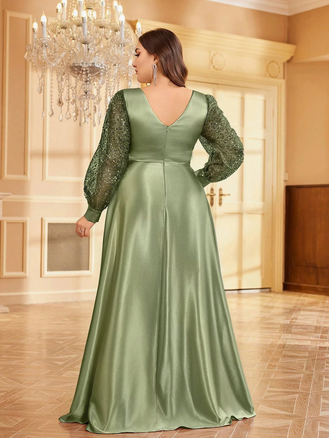 Lucyinlove Plus Size Luxury Green V-Neck Sequin Evening Dress Elegant Women Party Maxi Dress Long Sleeve Cocktail Dress Prom