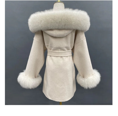 MISSJANEFUR Wool Coat with Real Fox Fur Collar Cuff Women 2023 Fashion Belted Cashmere Coats Warm Winter Hooded Trench Peacoat