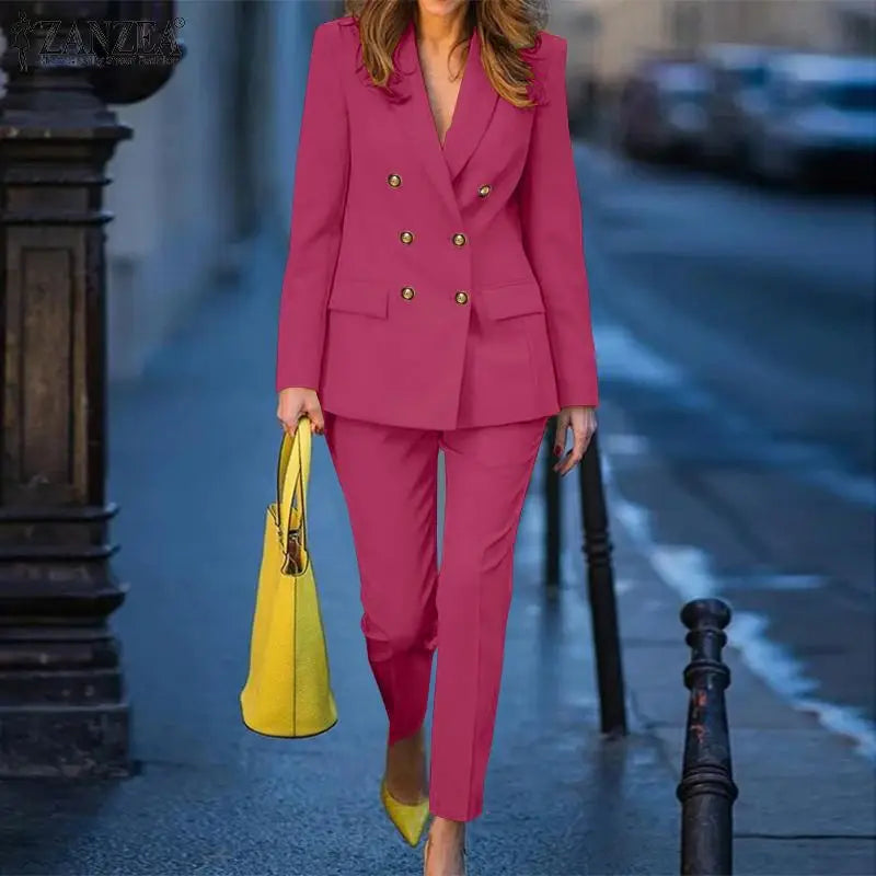 2PCS Spring Blazer Suits Fashion Solid Trousers Suits Office Lady Tracksuit Outifits ZANZEA Women Elegant OL Work Pants Sets