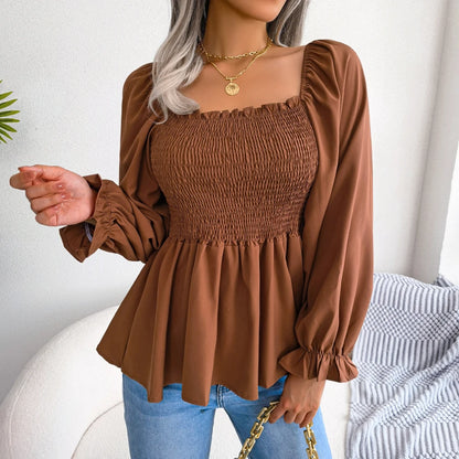 Women Chiffon Blouse 2023 Long Sleeve Casual Ruffles Peplum Top White Red Green Blue Black