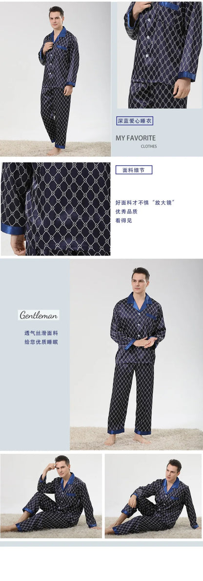 High Quality Satin Pajamas Suit Men Spring Summer Printed Ice Silk Pyjamas  Long Sleeve Plus Size Home Clothes Sleepwear Male