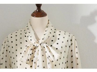 Beige Polka Dot Bow Neck Elegant Chiffon Long Sleeve Loose Women&