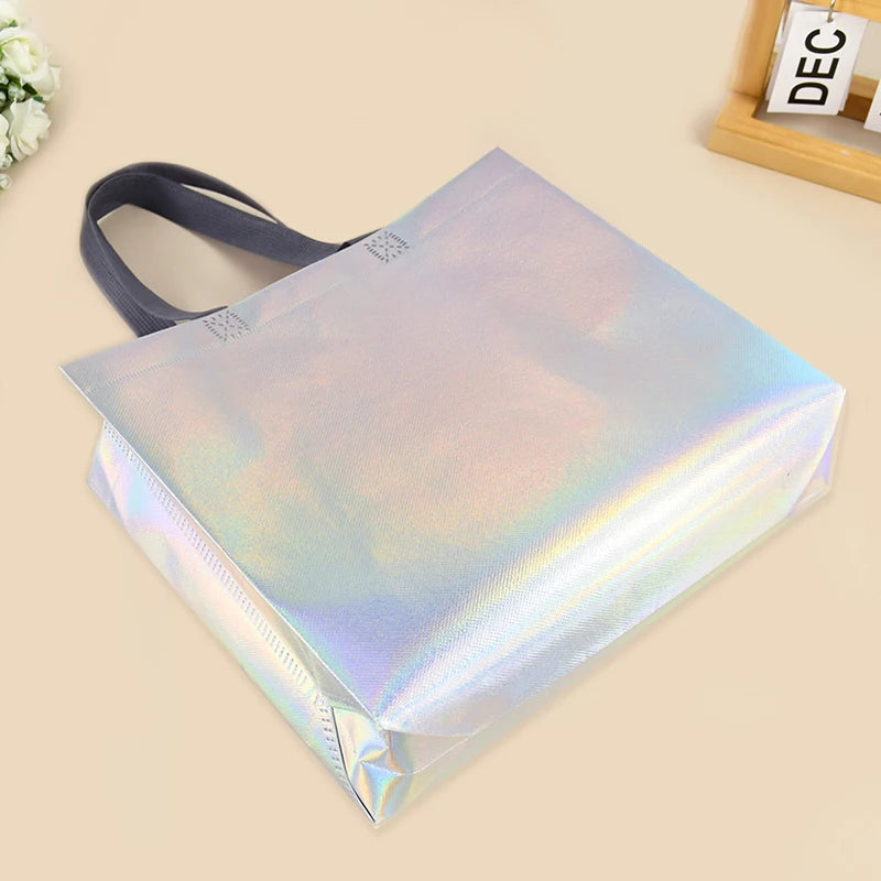 5/20Pcs Laser Silver Gift Bag with Handles Christmas Gift Packaging Decor Birthday Wedding Treat Bag Bachelorette Party Supplies