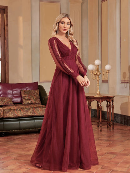 Lucyinlove Elegant Tulle V-Neck Formal Evening Dresses Long Sleeve 2024 Womwen Floor-Length Party Dress Chiffon Cocktail Prom