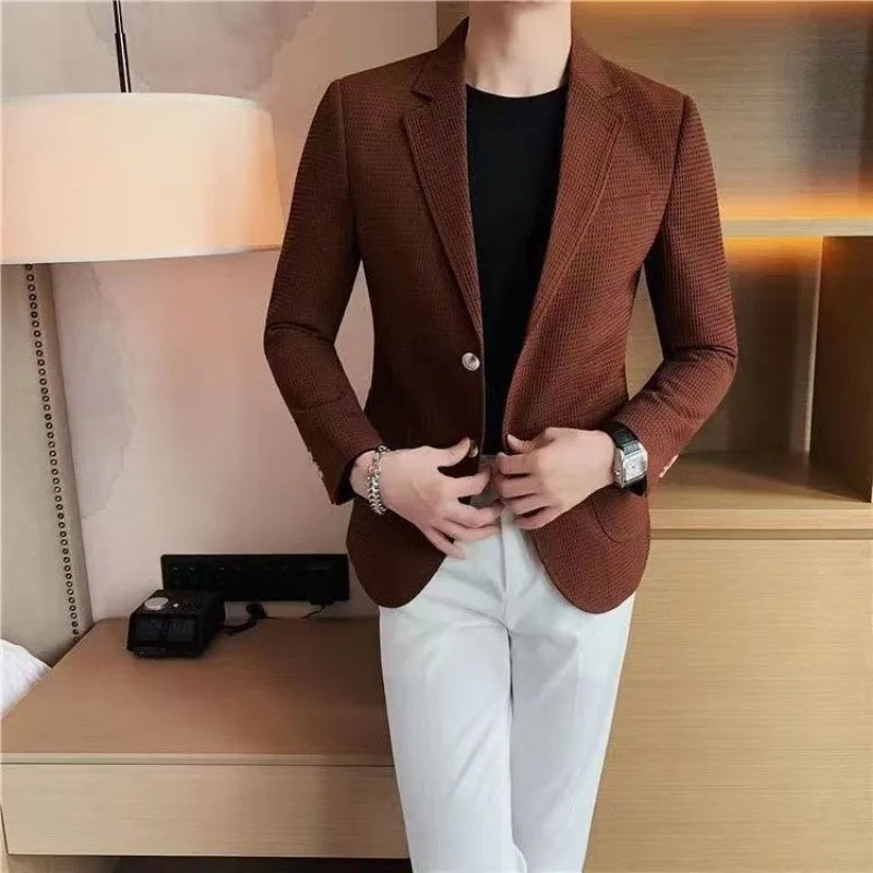 Man Suits and Blazers White Business Coats Dress Jackets Waffle Jacket for Men Clothing Korean Style Clothes Simple Breasted