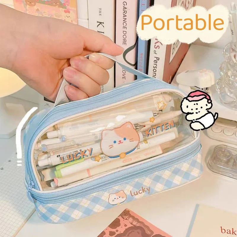 Kawaii Pencil Case Double Layer Large Capacity Pen Bag Cartoon Portable Box School Student Supplies Stationary Organizer