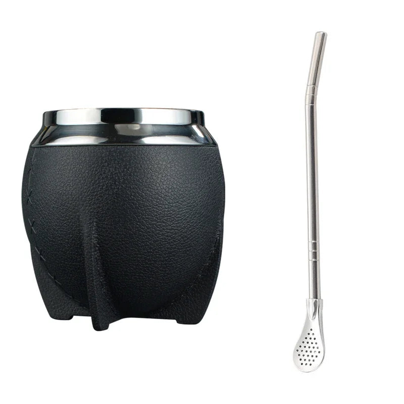 LUSQI 1PC Stainless Steel Leather Cover Double Layer Mate Tea Mug Trendy Creative Water Cup With Straw Spoon