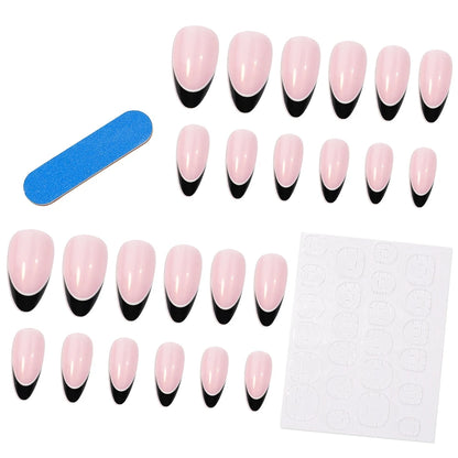 24Pcs Black Almond French False Nails Stiletto Fake Nails Full Cover Nail Tips Press On Nails With Press Glue And 1PC Nail File