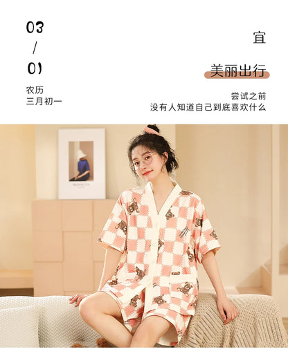 5XL Summer Plus Size Kimono Cardigan Women Pajama Knitted Cotton Nightwear Cute Printing Sleepwear Leisure Loungewear Casual Pjs