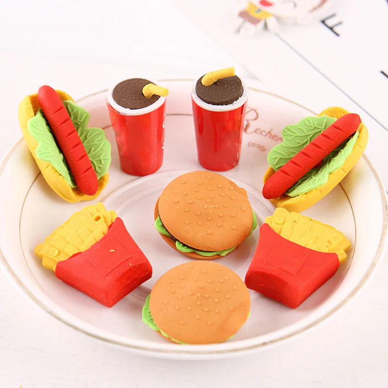 4 pcs/pack Kawaii Rubber Hot dog Cake Hamburger Food Drink cola Eraser For Kids Novelty Stationery Kid Gift Toy Cute