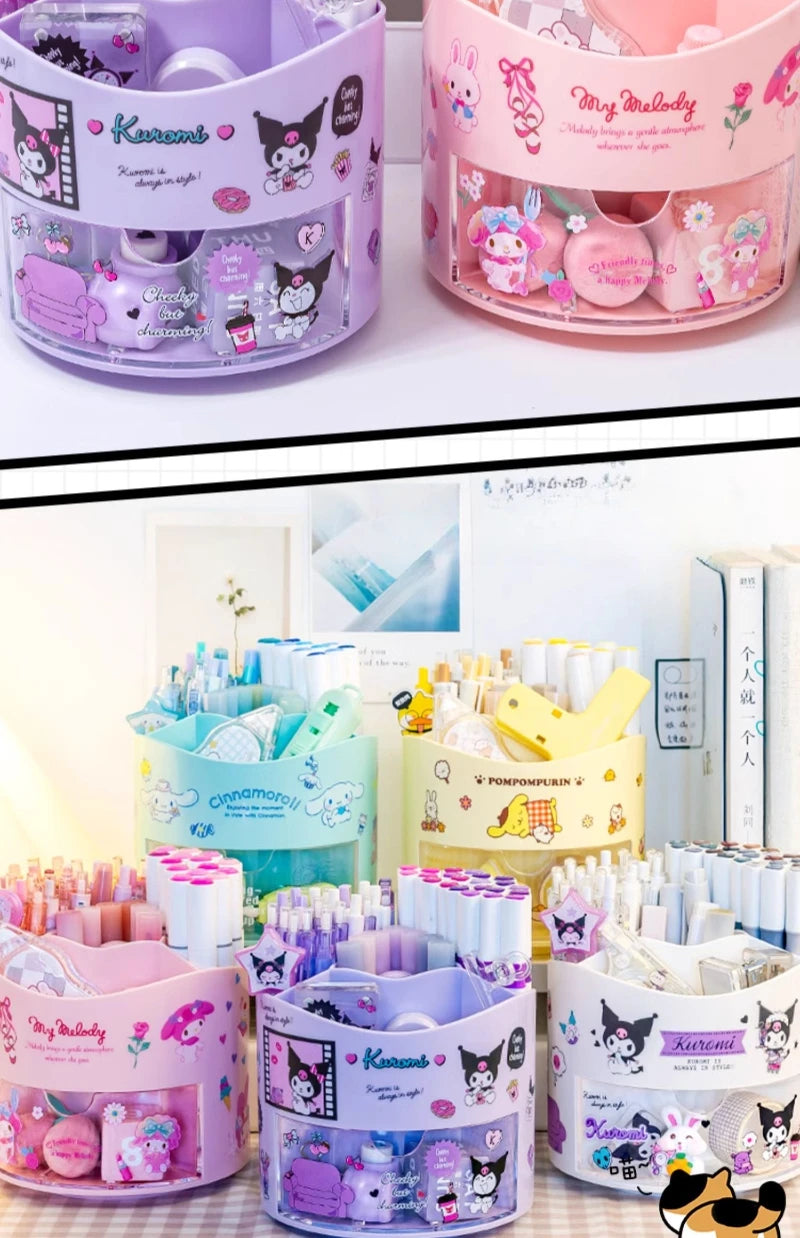 Miniso Sanrio Rotating Pen Holder Storage Box Desk Organizer &amp; Kawaii Sanrio Cinnamoroll Stickers Cute Stationery Storage Girls