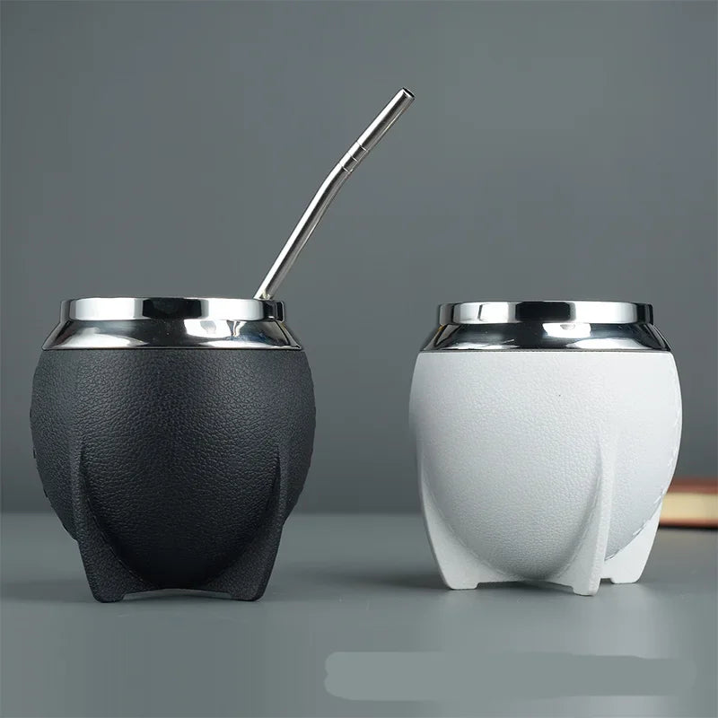 LUSQI 1PC Stainless Steel Leather Cover Double Layer Mate Tea Mug Trendy Creative Water Cup With Straw Spoon