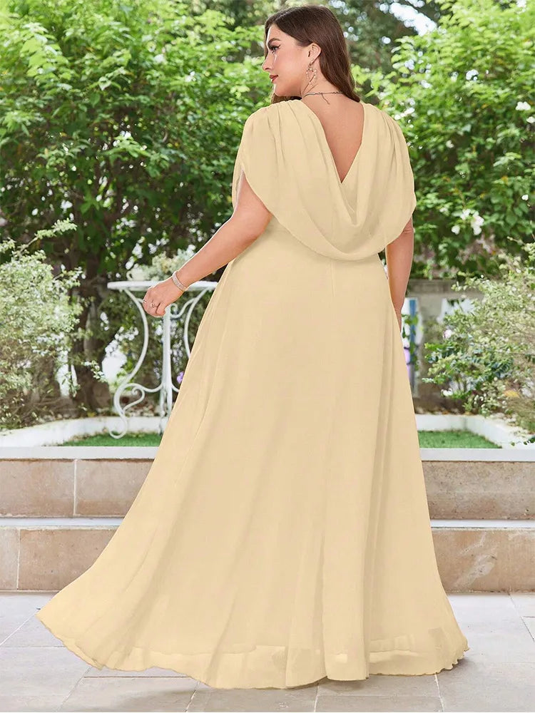 Plus Size V Neck Chiffon Yellow Floor Floor Bridesmaid Luxury Dress 4XL 5XL Big Size Shiny Chiffon Banquet Evening Dress Women