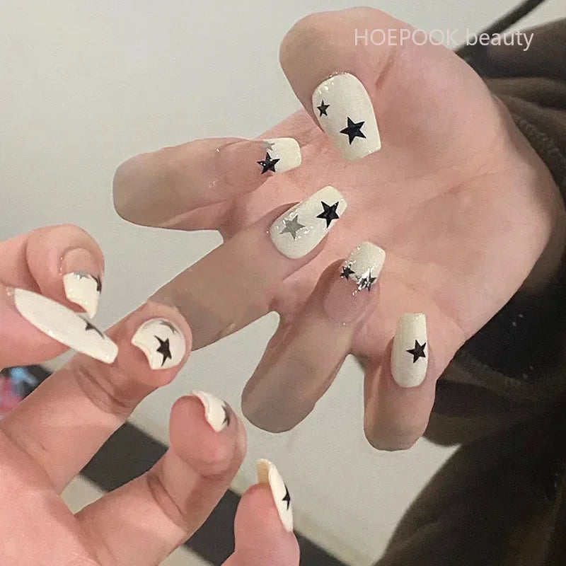 24pcs Short Cute False Nails Polka Dot Star Design Fake Nails Full Coverage Waterproof Removable Artificial Press on Nails