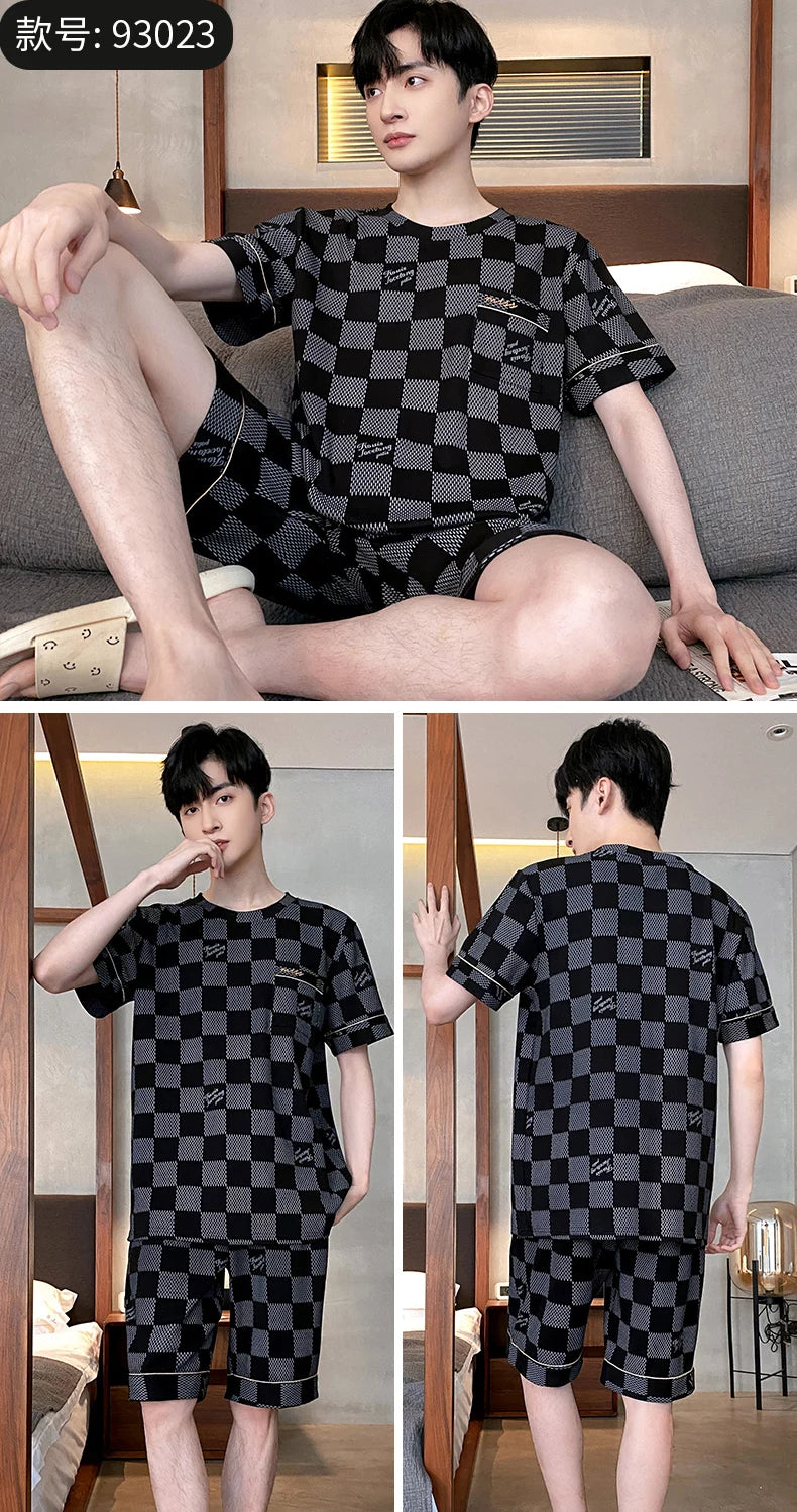 Summer Mens Plus Size Lounge Wear Fashion Cotton Pajamas Short Sleeve Pj Set Printed Stylish Plaid Homewear 3xl 4xl Nightwear