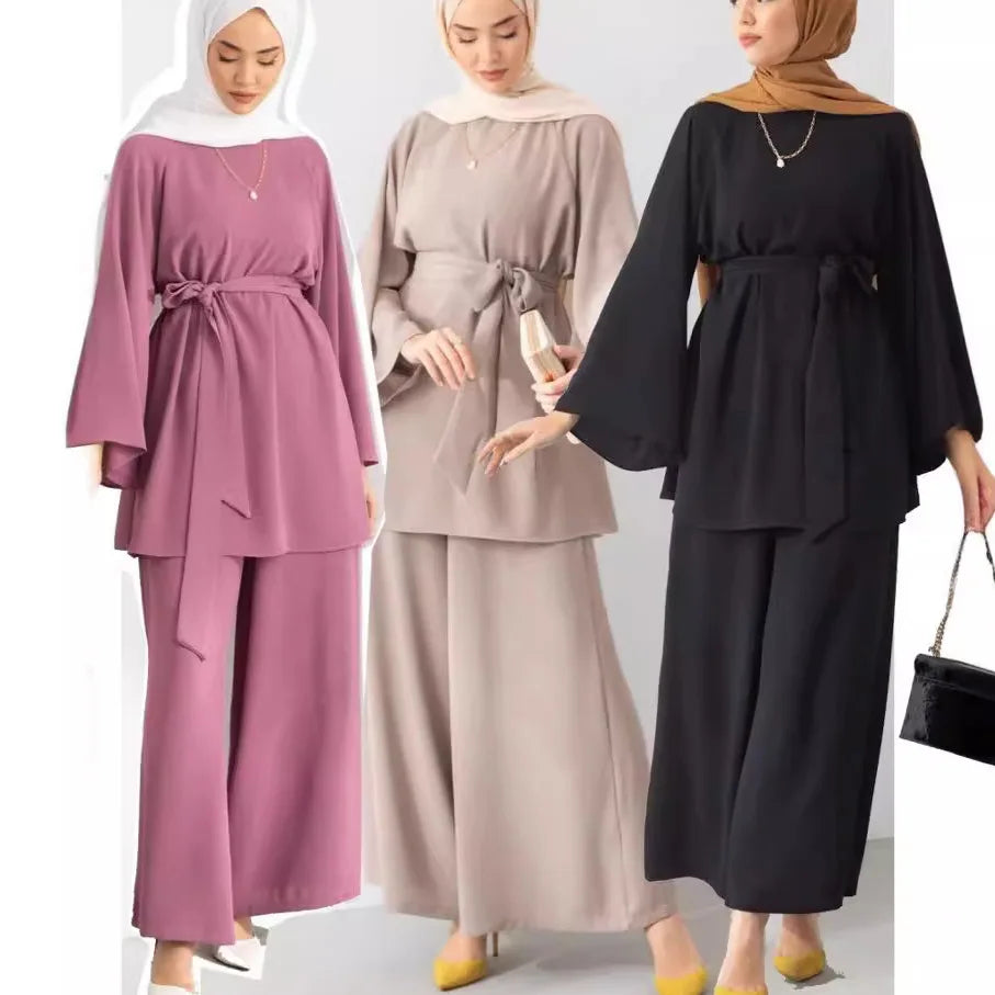 Eid Muslim Two Piece Set Islam Women Lace Up Shirt Wide Leg Pants Suits Ramadan Turkey Outfits Modest Morocco Abayas Ensembles