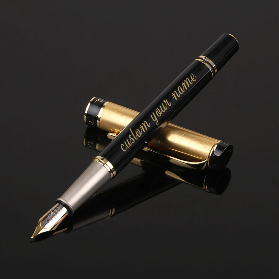 Custom Fountain Pen Golden Text Stationery Office Supplies Back To School Items Metal Nib Writing Ink Men Luxury Black