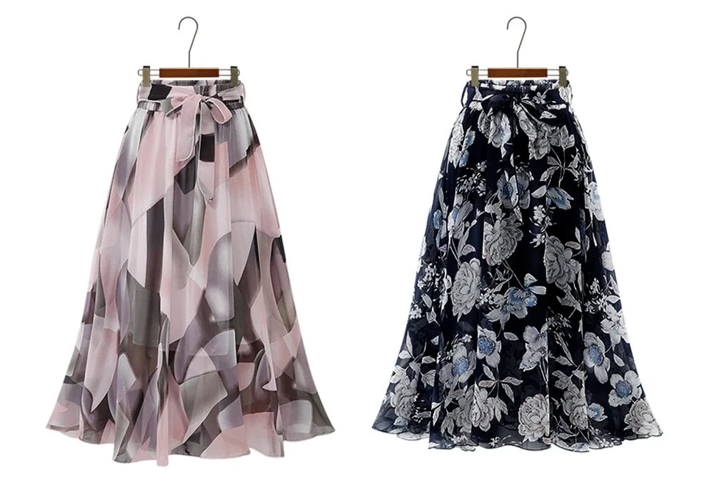 2024 Summer Print Floral Skirts For Women Casual Loose Elastic Waist Plus Size Skirt Belt A-line Chiffon Beach Saias Midi Femme