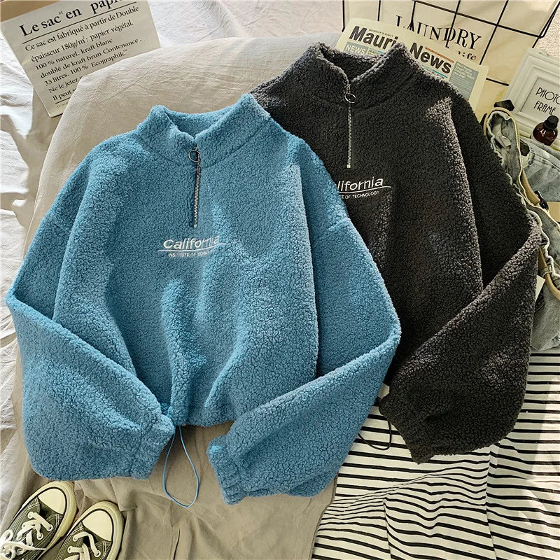 Women Stand Neck Fleece Cropped Hoodies Autumn Letter Embroidery Long Sleeve Drawstring Sweatshirt Elegant Plush Velvet Tops