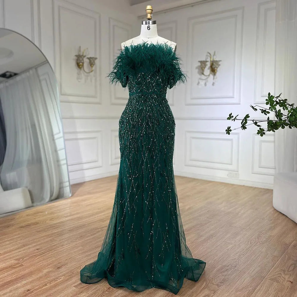 Serene Hill Dubai Luxury Beaded  Blue Mermaid Elegant Overskirt Evening Dresses Gowns 2024 For Women Wedding Party LA71634