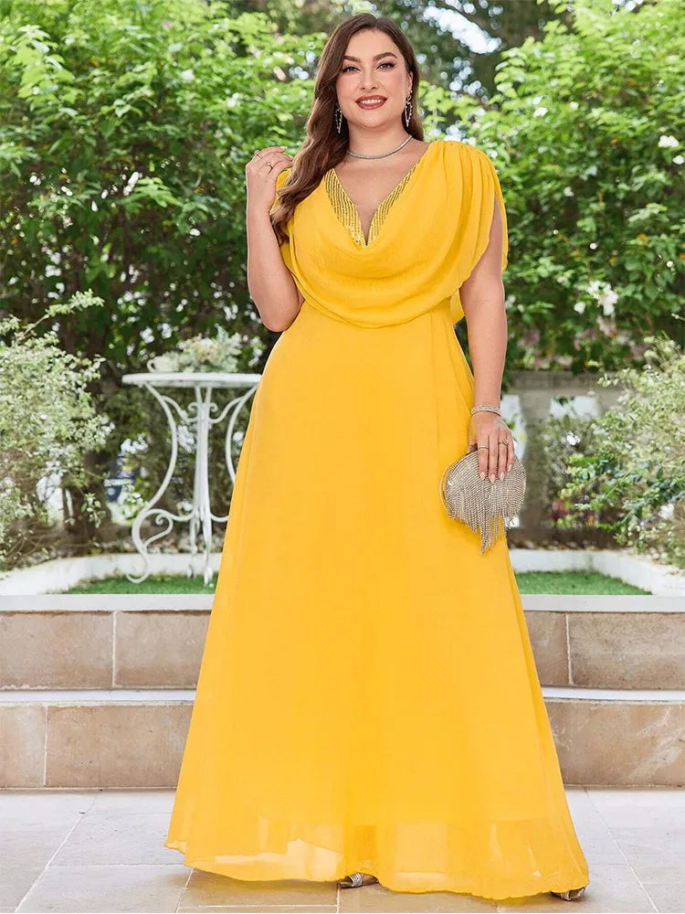 Plus Size V Neck Chiffon Yellow Floor Floor Bridesmaid Luxury Dress 4XL 5XL Big Size Shiny Chiffon Banquet Evening Dress Women