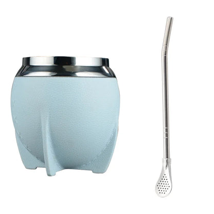 LUSQI 1PC Stainless Steel Leather Cover Double Layer Mate Tea Mug Trendy Creative Water Cup With Straw Spoon