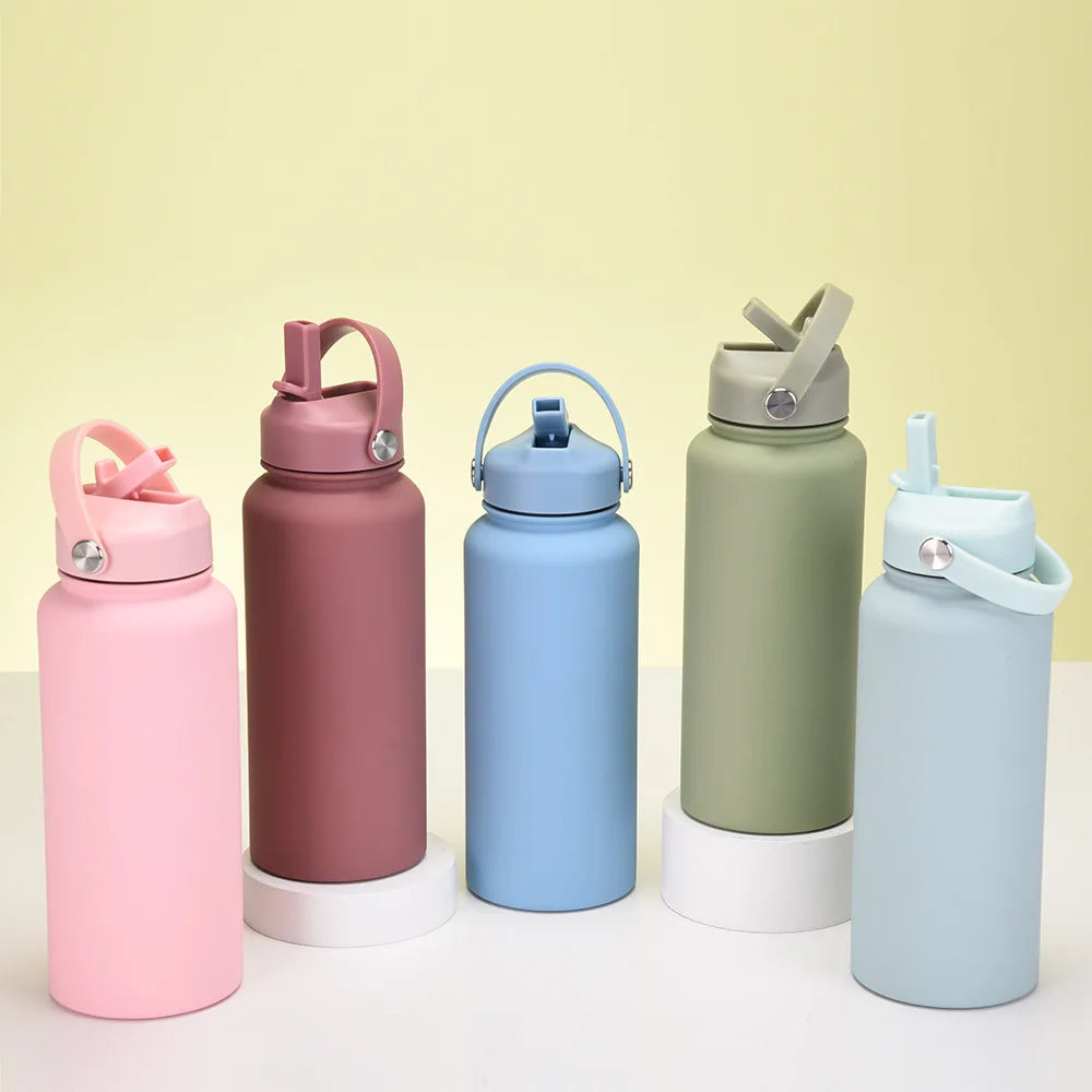 1L WATER BOTTLE Sports Double Thickened Stainless Steel Large Capacity American Large Mouth Portable Handle Straw Thermos CUP