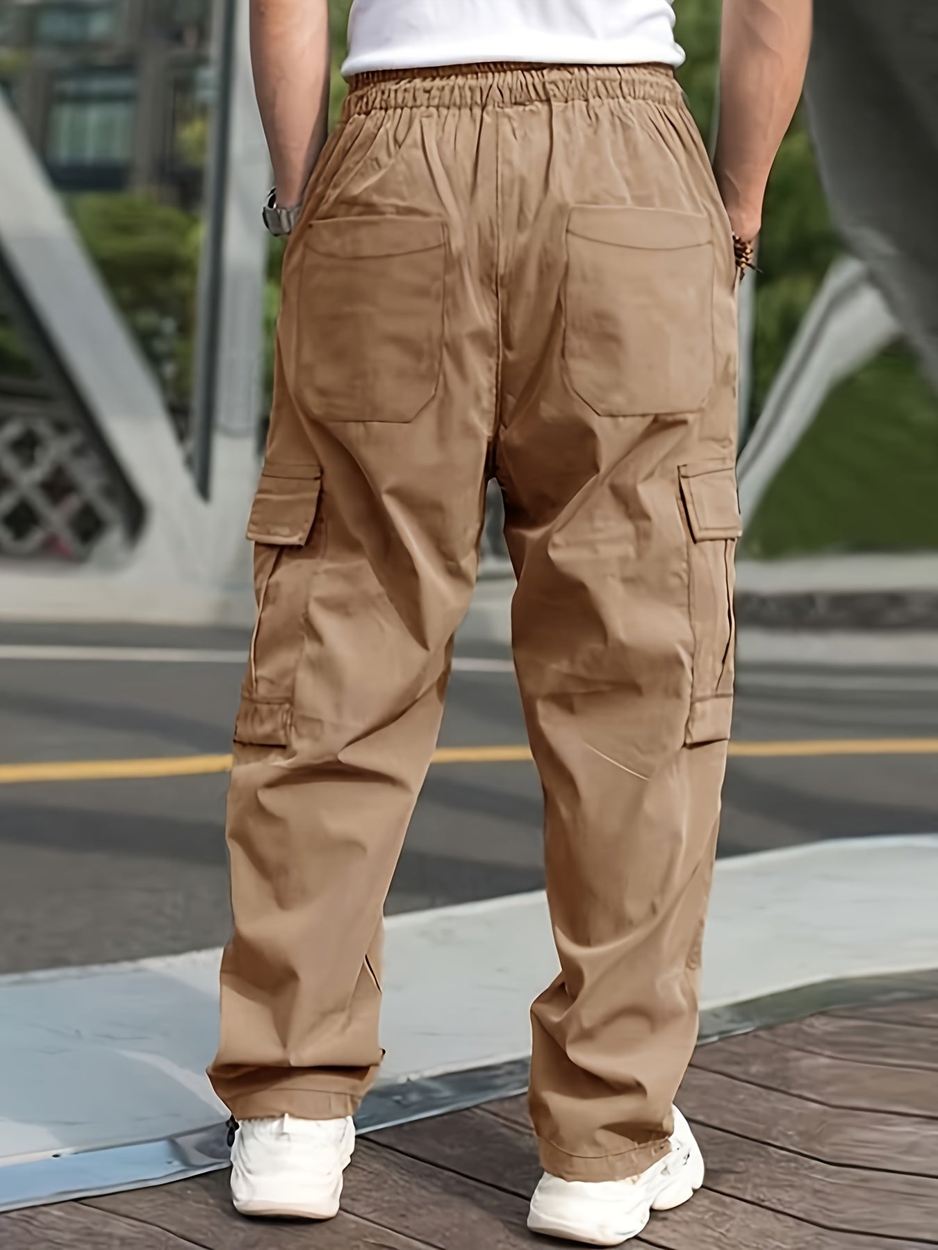 Mens Cargo Pants with Elastic Drawstring - Spacious Pockets, Loose Fit &amp; Trendy Solid Color - Perfect for Casual Style