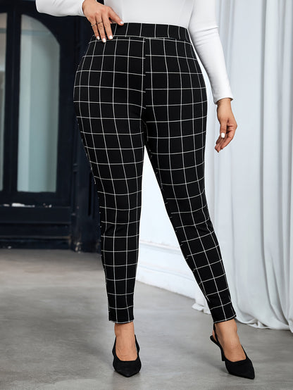 Chic Plus Size Grid-Patterned Skinny Pants - Stretch High-Waist Trousers for Women, Comfort-Fit for Daily Wear