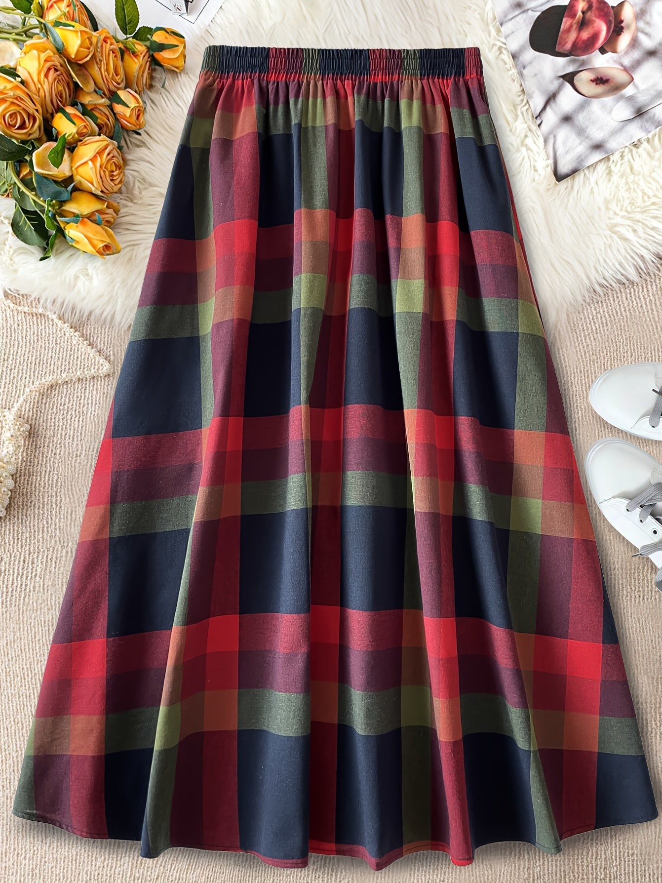 Chic Plus Size Plaid Skirt with Pockets - Casual High-Waist, A-Line Design for Women - Perfect for Fall/Winter