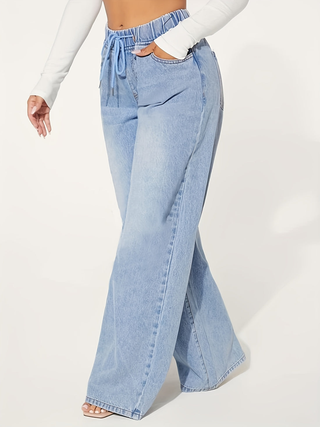 Chic Womens Blue Drawstring Jeans - Comfort Elastic Waist, Relaxed Baggy Style, Distressed Washed Wide Legs - Premium Denim Clothing