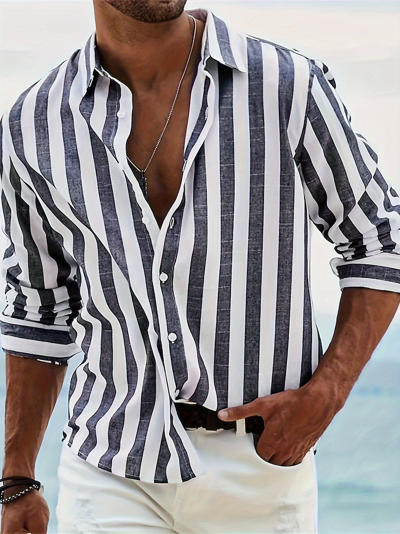 Stylish Striped Long Sleeve Lapel Shirt - Men&