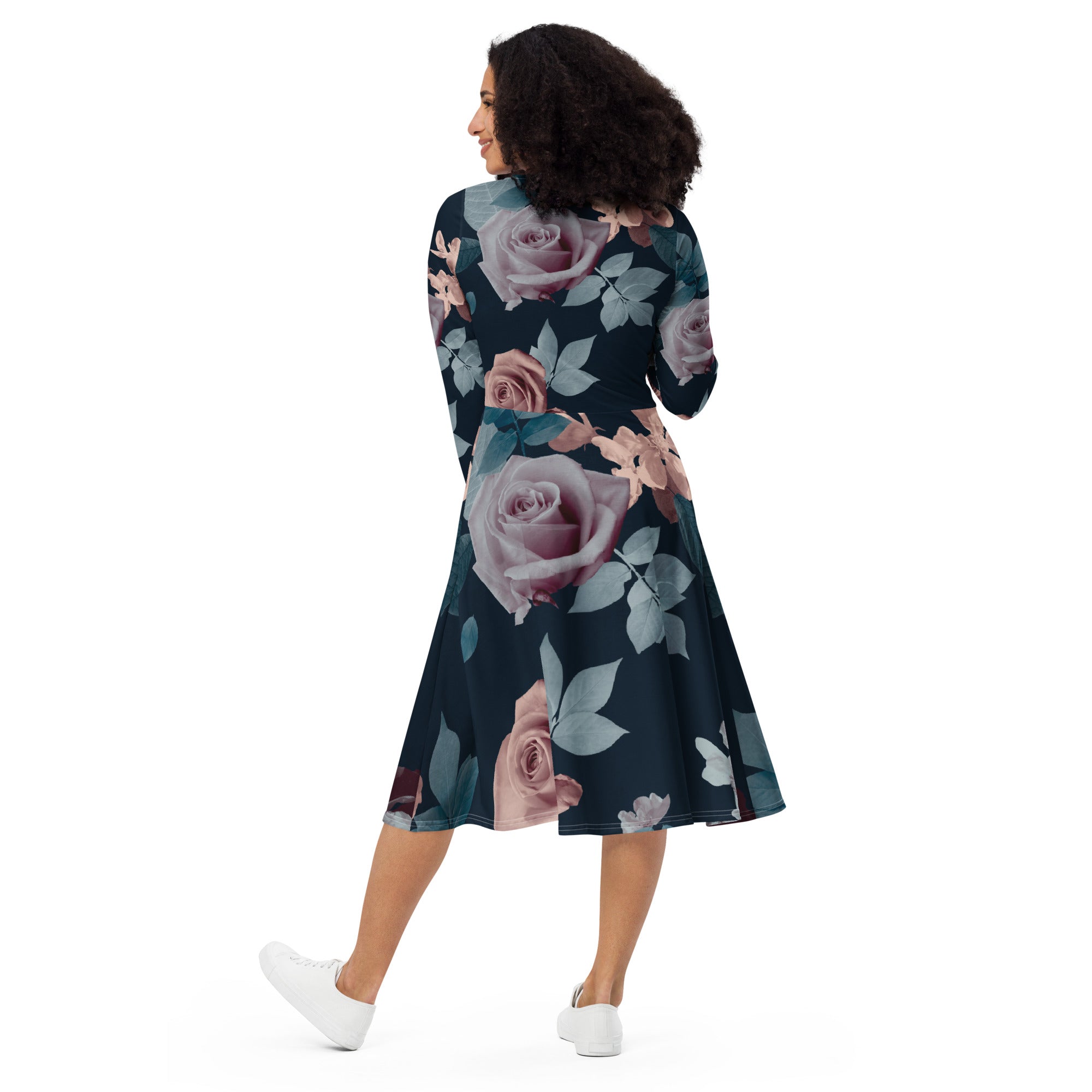 All-over print long sleeve midi dress