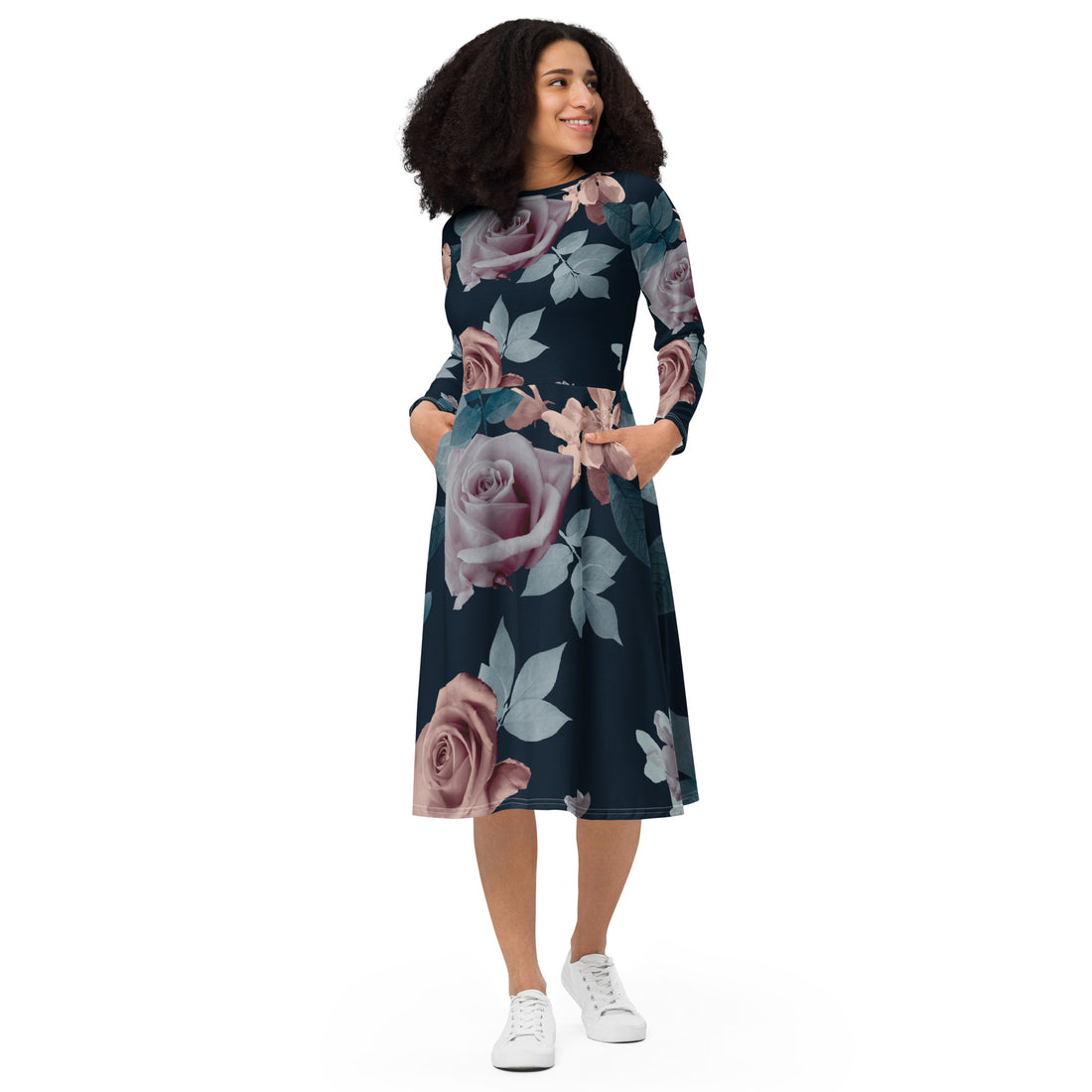 All-over print long sleeve midi dress