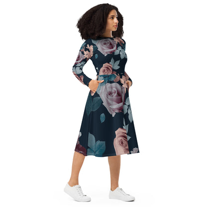 All-over print long sleeve midi dress