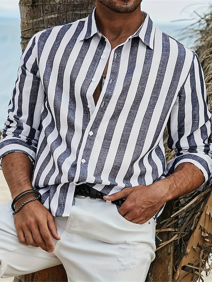 Stylish Striped Long Sleeve Lapel Shirt - Men&