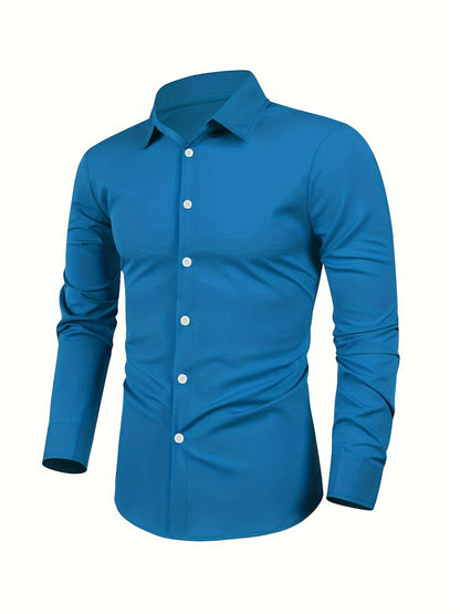 Men’s Classic Lapel Collar Shirt - Easy Care, Regular Fit, Long Sleeve, Solid Polyester with Button Detail