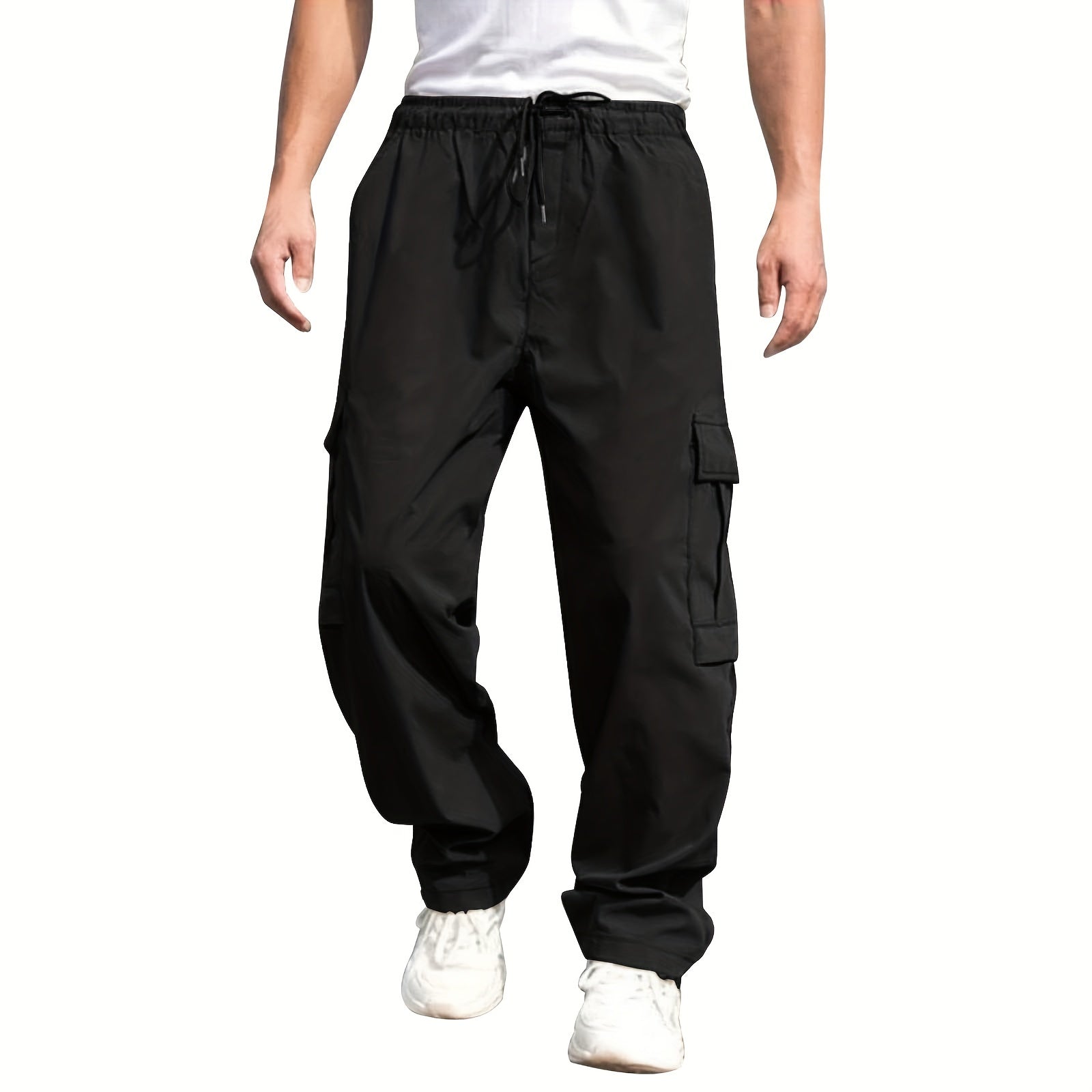 Mens Cargo Pants with Elastic Drawstring - Spacious Pockets, Loose Fit &amp; Trendy Solid Color - Perfect for Casual Style