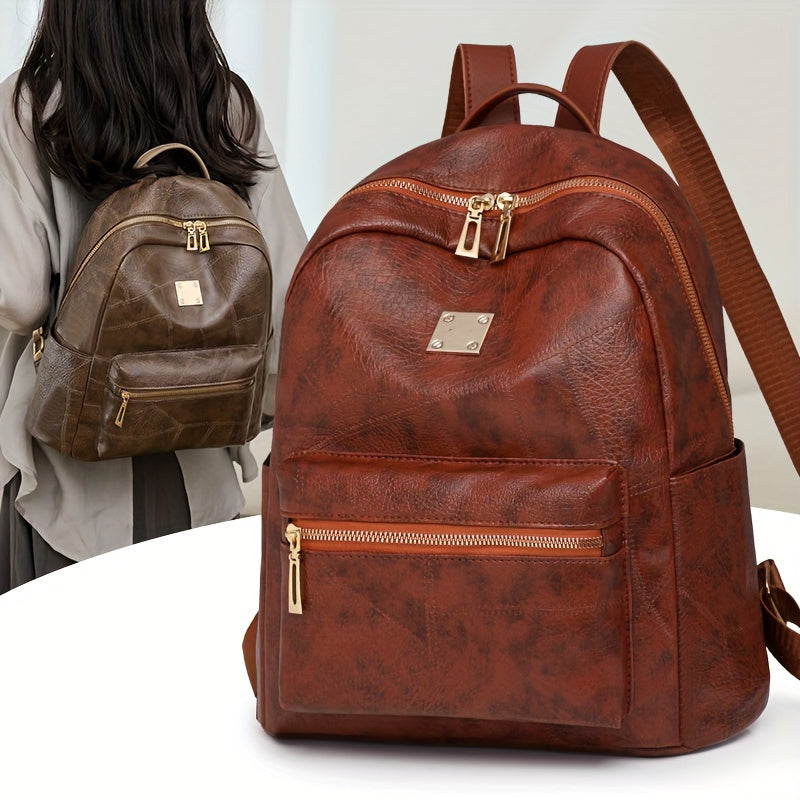 Chic Waterproof PU Backpack with Adjustable Straps - Spacious Multi-Pocket Design for Daily Commute, Shopping &amp; Vacation