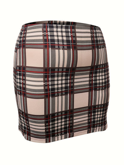 Plus Size Plaid Elastic Waist Skirt, Elegant Split Skirt For Spring &amp; Summer, Women&