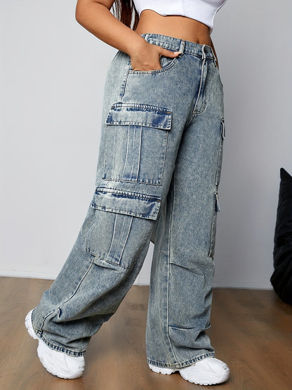 Stylish Plus Size Cargo Jeans - Loose Fit Denim Pants with Multi-Pocket Design, Side Flap Pockets, and Streetwear Style - Women&