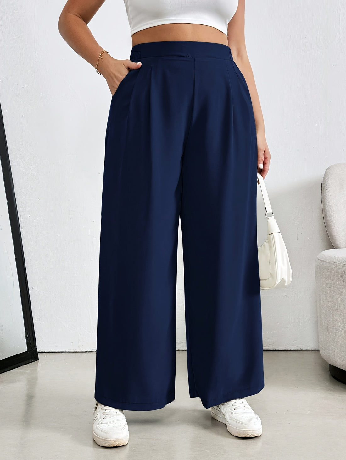 Plus Size Solid Color High Waist Pants, Elegant Wide Leg Dual Pockets Pants, Women&