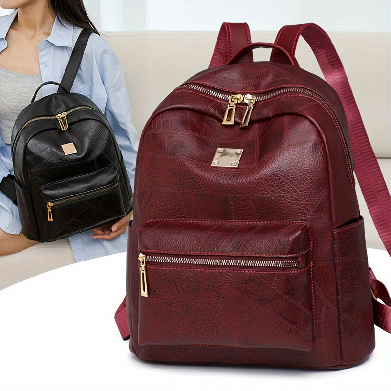 Chic Waterproof PU Backpack with Adjustable Straps - Spacious Multi-Pocket Design for Daily Commute, Shopping &amp; Vacation