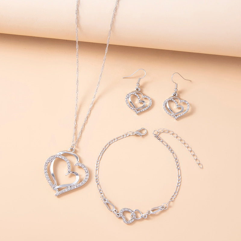 Romantic Crystal Heart Jewelry Set Bracelet Necklace Earrings For Women